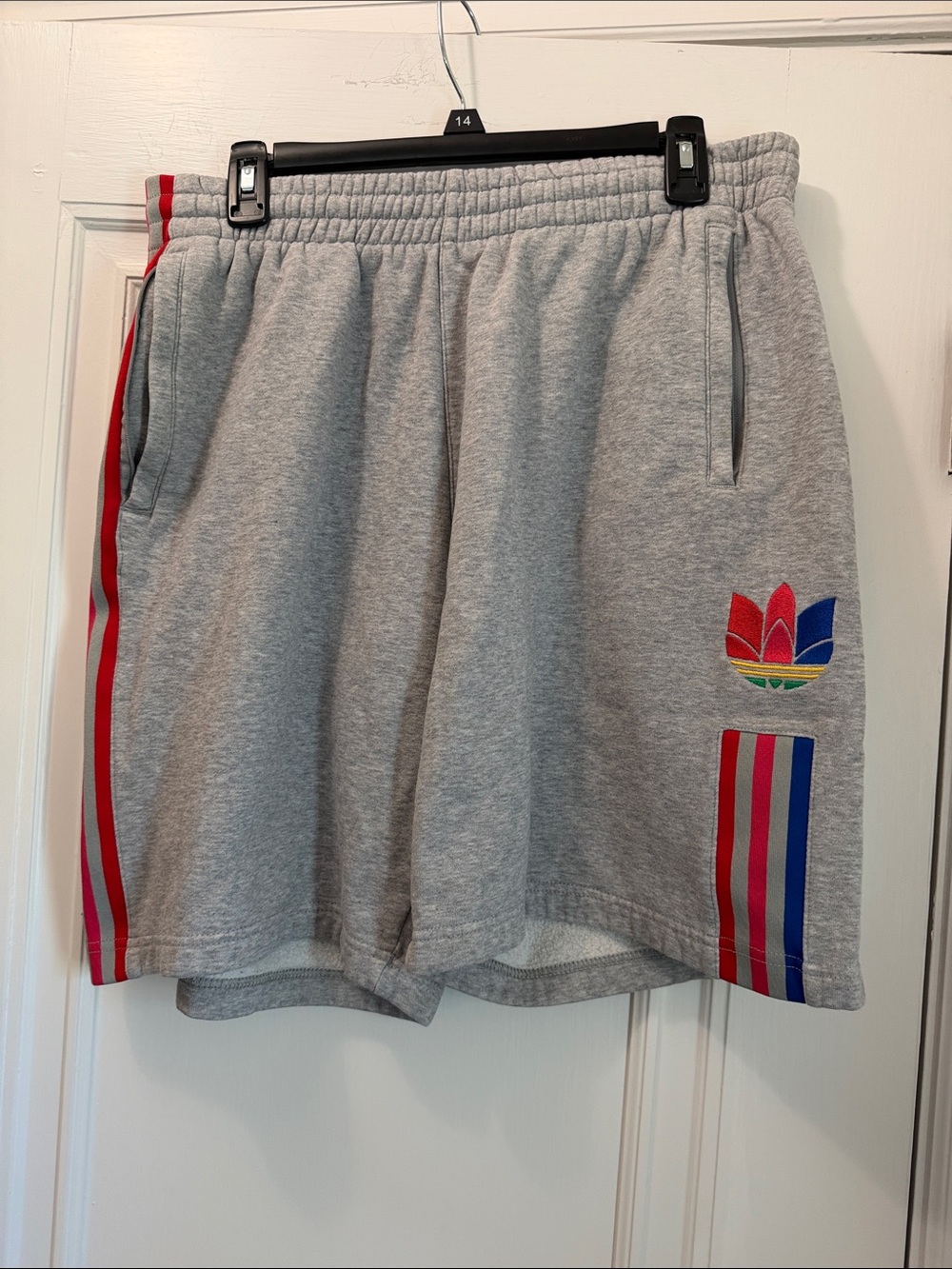 adidas Originals Gray Athletic Shorts with Red & Blue Stripe Accents